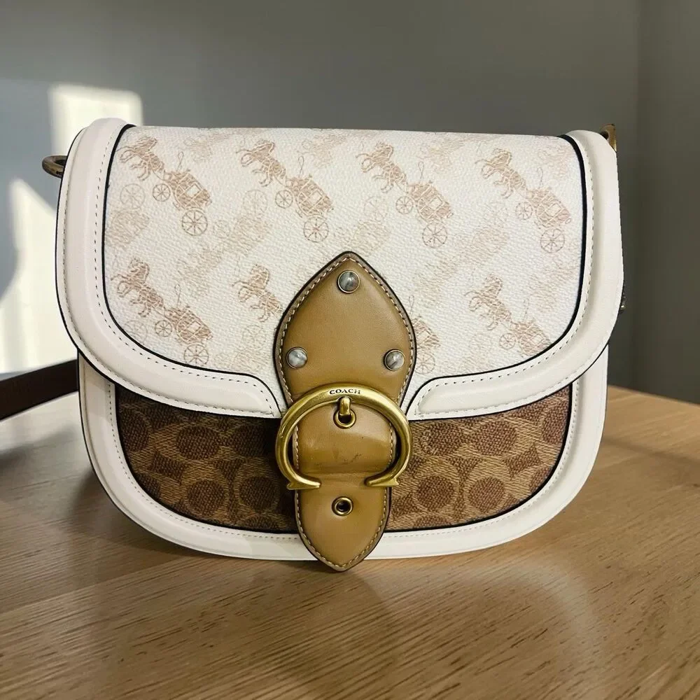 Coach Beat Saddle Bag Chalk Tan Carriage Print Canvas Leather Crossbody